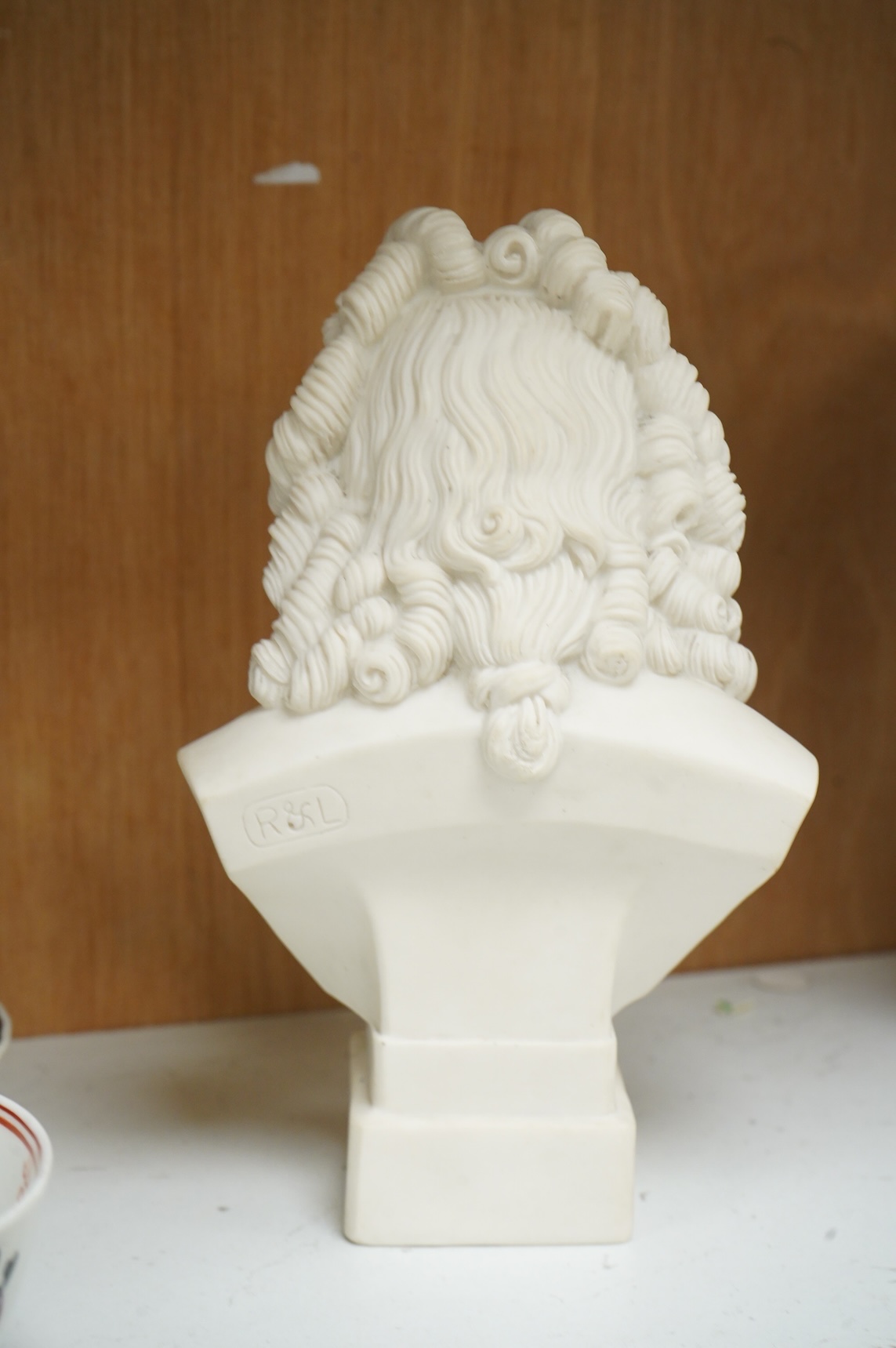 A collection of 18th century and later Chinese tea wares, a studio pottery jug & an R&L Parian bust of Handel, tallest 25cm